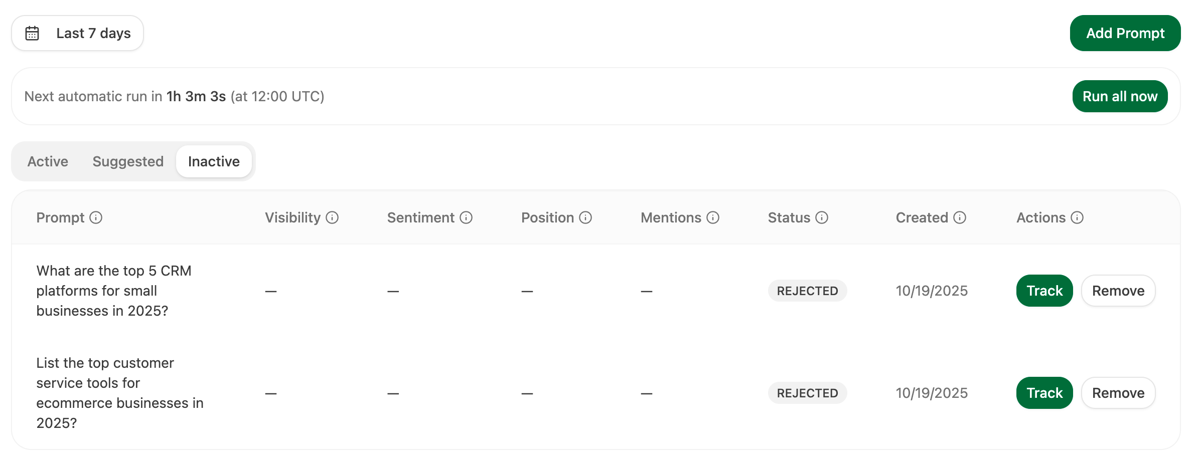 Prompt removal interface for cleaning tracking sets